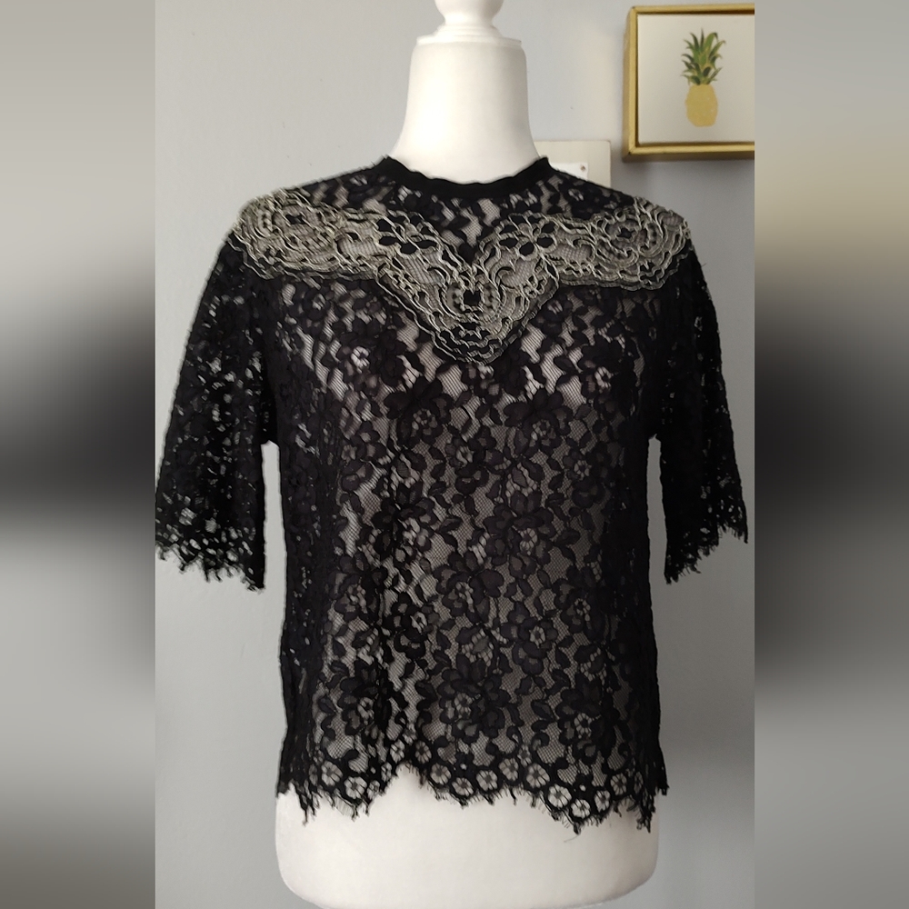 Sandro Paris Lace Short Sleeved Top Blouse Shirt Black Size 3 Elegant Designer